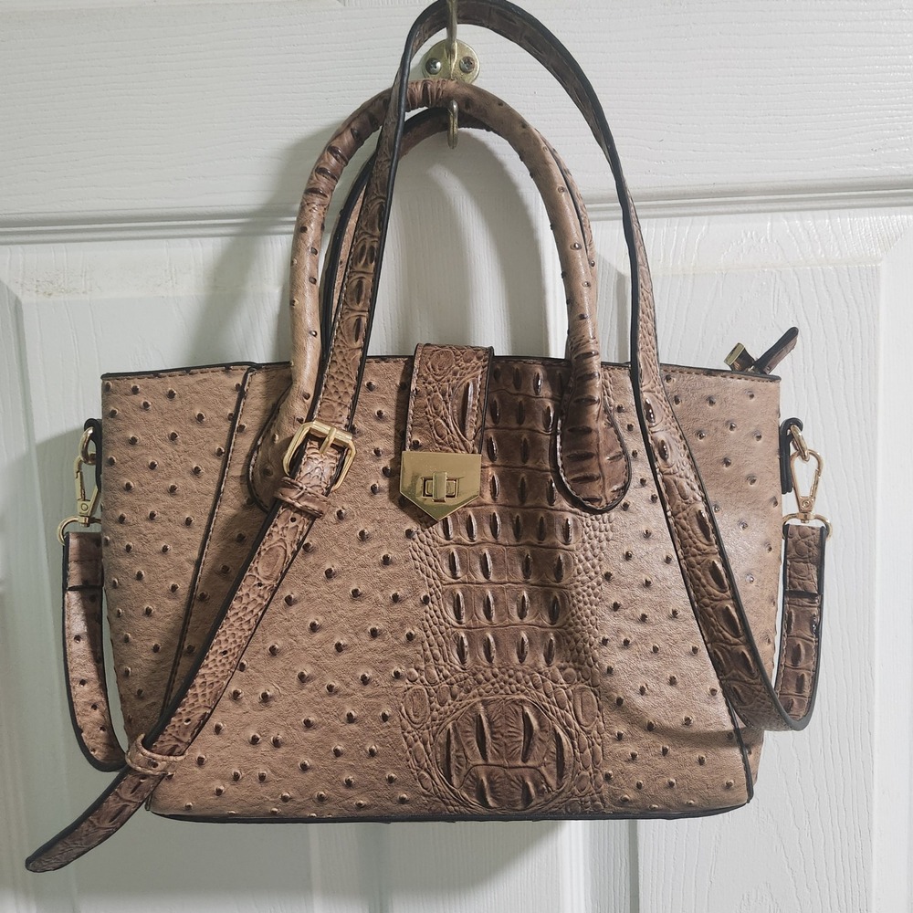 Brown Ostrich Crocodile Embossed Satchel Handbag Gold Hardware Crossbody Bag